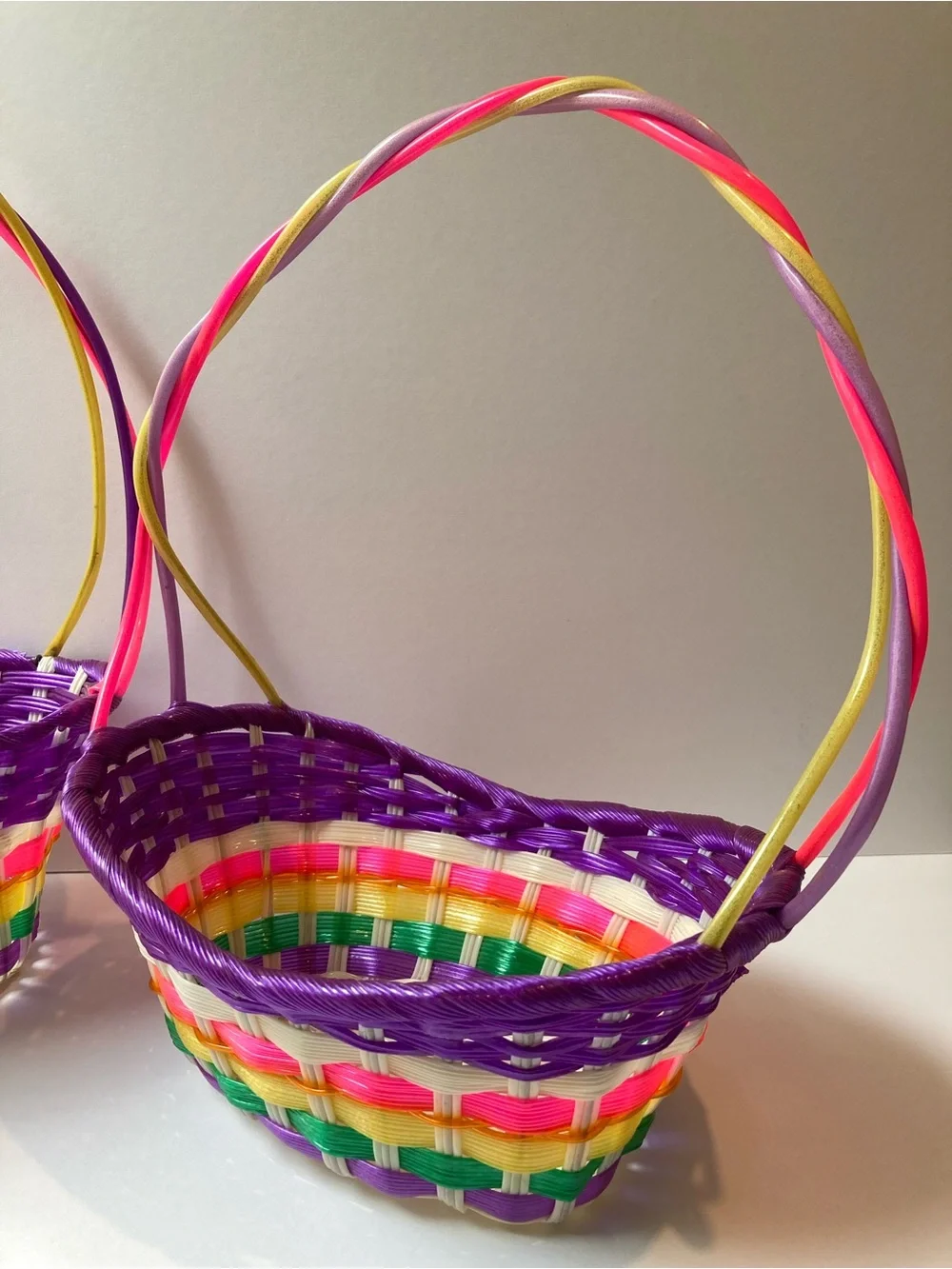 Vintage Easter Basket Set of 2 Pastel Plastic Vinyl Woven Ribbon 80s 90s Y2K VTG